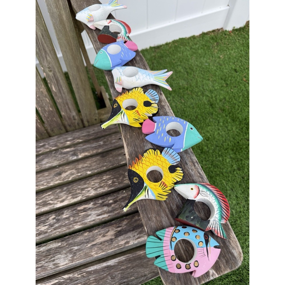 9 VTG Hand Painted Wood Tropical Fish Table Napkin Rings Holder Colorful BEACH K
